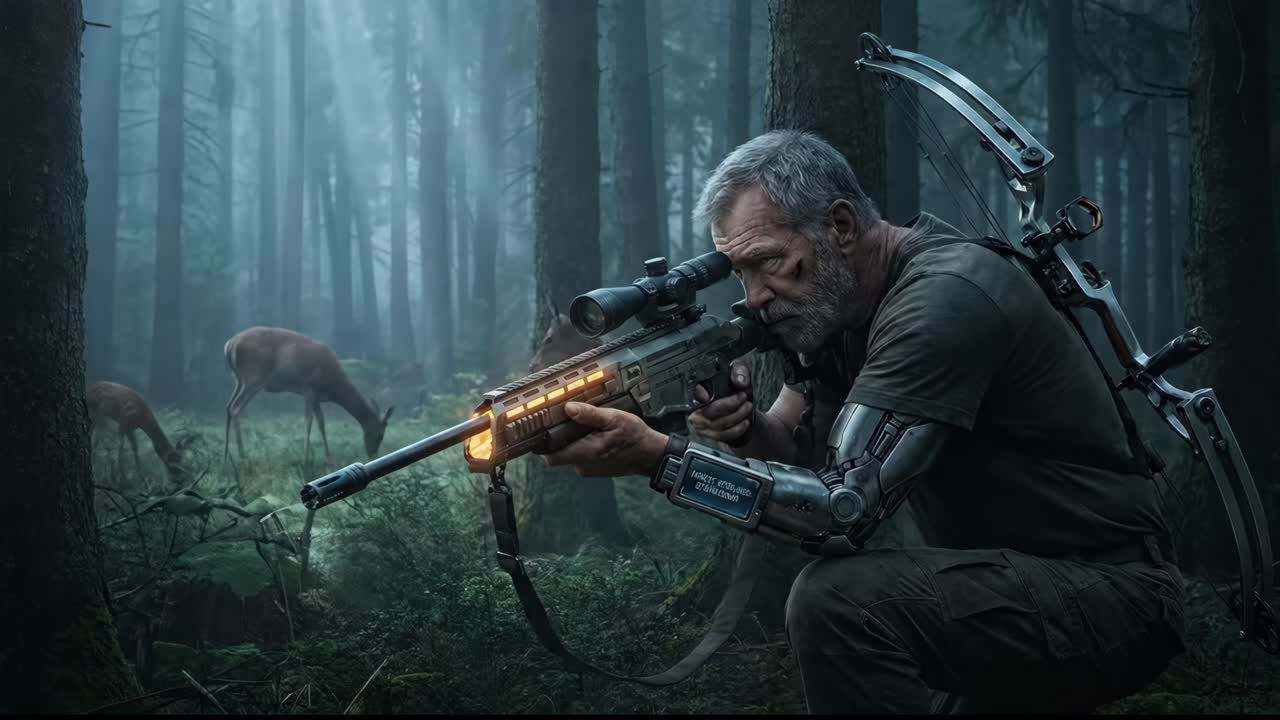 Futuristisk jæger med bionisk arm sigter med riffel på hjort i tåget skov