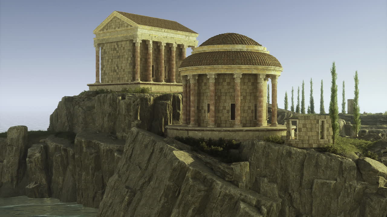 Ancient temple structures on a rocky coastline during twilight hours