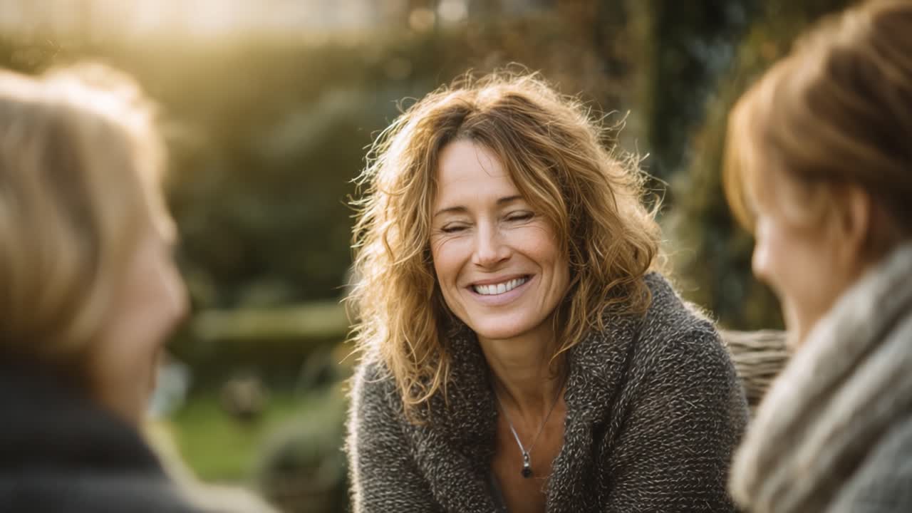 A Warm and Joyful Gathering: A Woman's Heartwarming Smile Amidst Friends in an Enchanting Outdoor Setting During a Golden Hour