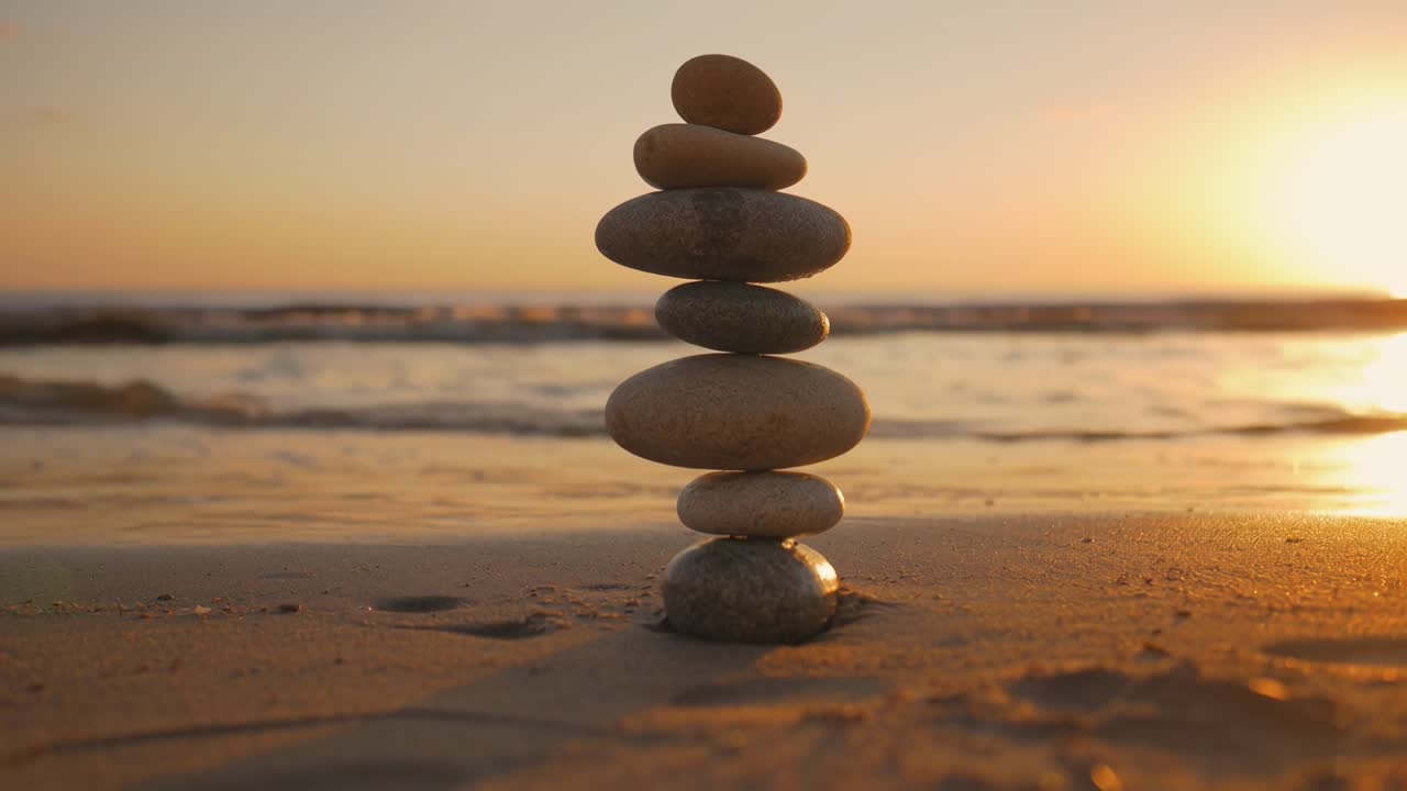 Escena de playa tranquila con piedras apiladas al atardecer, capturada en un vídeo a ángulo bajo, escritorio Live