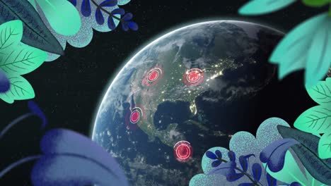 Animation-of-leaves-and-plants-frame-with-location-points-over-planet-earth