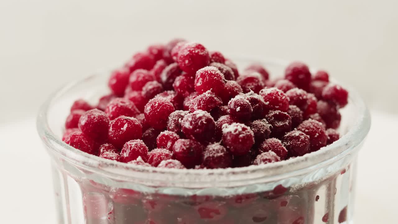 차를 위해 눈에 얼어붙은 크랜베리, 겨울 공원에서 크랜베리의 배경 클로즈업, 얼음 냉장고 매크로