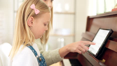 young girl, teacher and piano with tablet