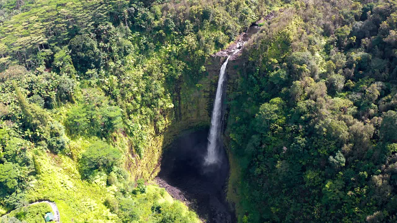 Aerial shot of a dramatic waterfall cascading into a deep rocky basin, framed by steep cliffs and thick tropical rainforest vegetation under sunlight