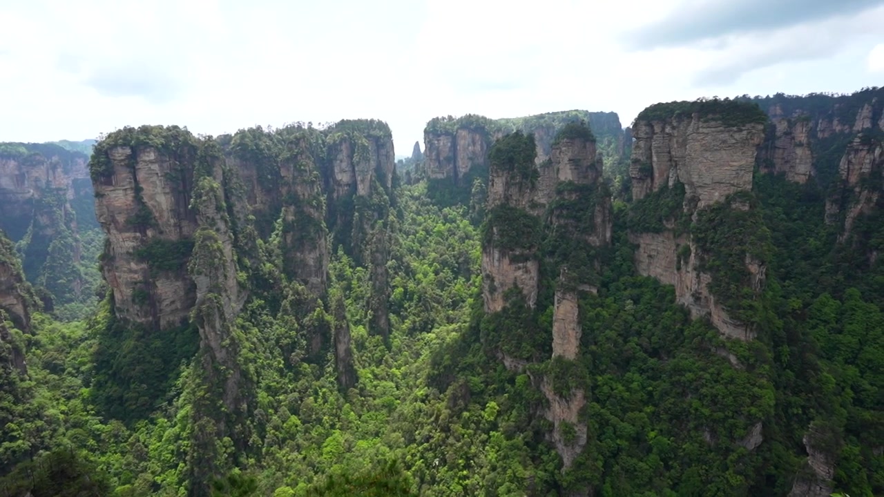 Vista mozzafiato dei pilastri di arenaria quarzifera di Yuanjiajie a Zhangjiajie, provincia di Hunan, Cina
