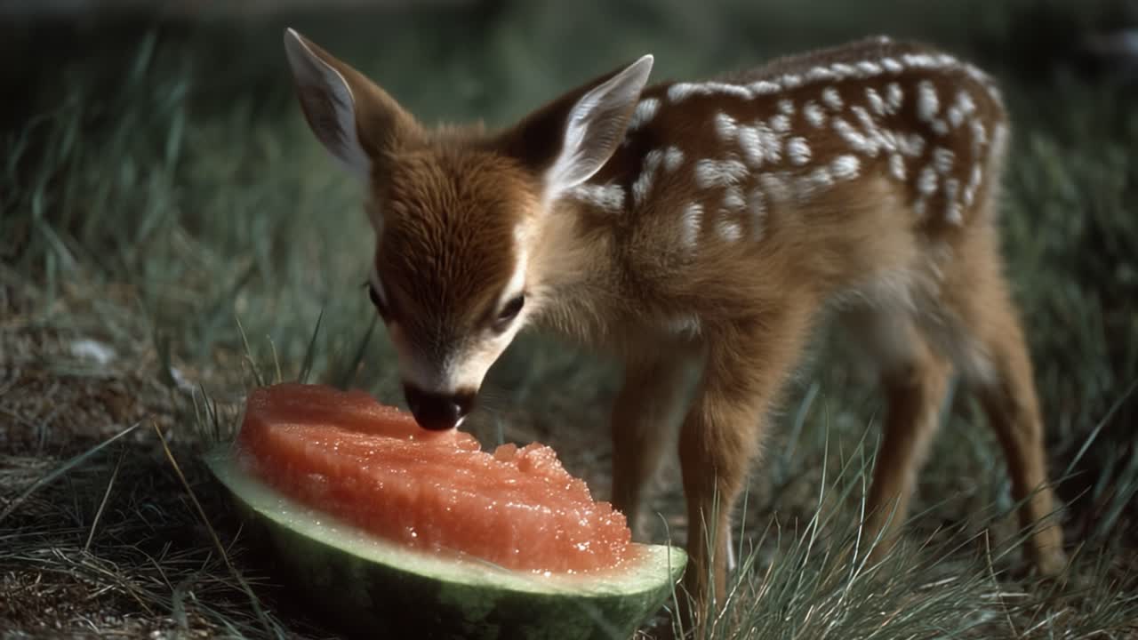A Curious Fawn Enjoying a Refreshing Watermelon Snack in a Vibrant Natural Setting with Lush Green Grass