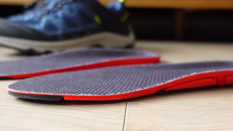 close up of a pair of red and grey shoe insoles