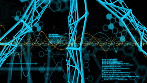 DNA strands and data waves animation over scientific background