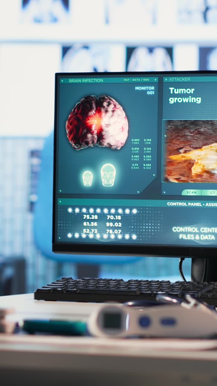 Monitor medico che mostra la diagnosi di tumore cerebrale.