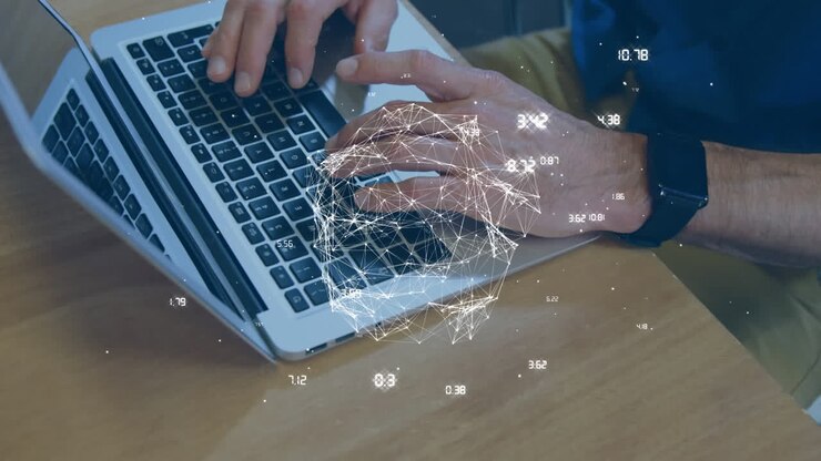 Animation of globe with network of connections over man using laptop