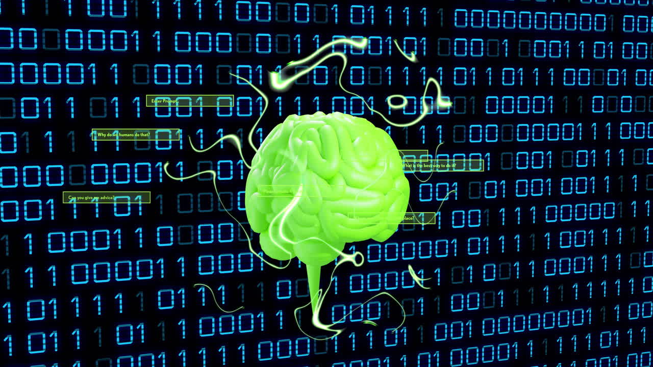 Green brain animation over binary code background with electric currents