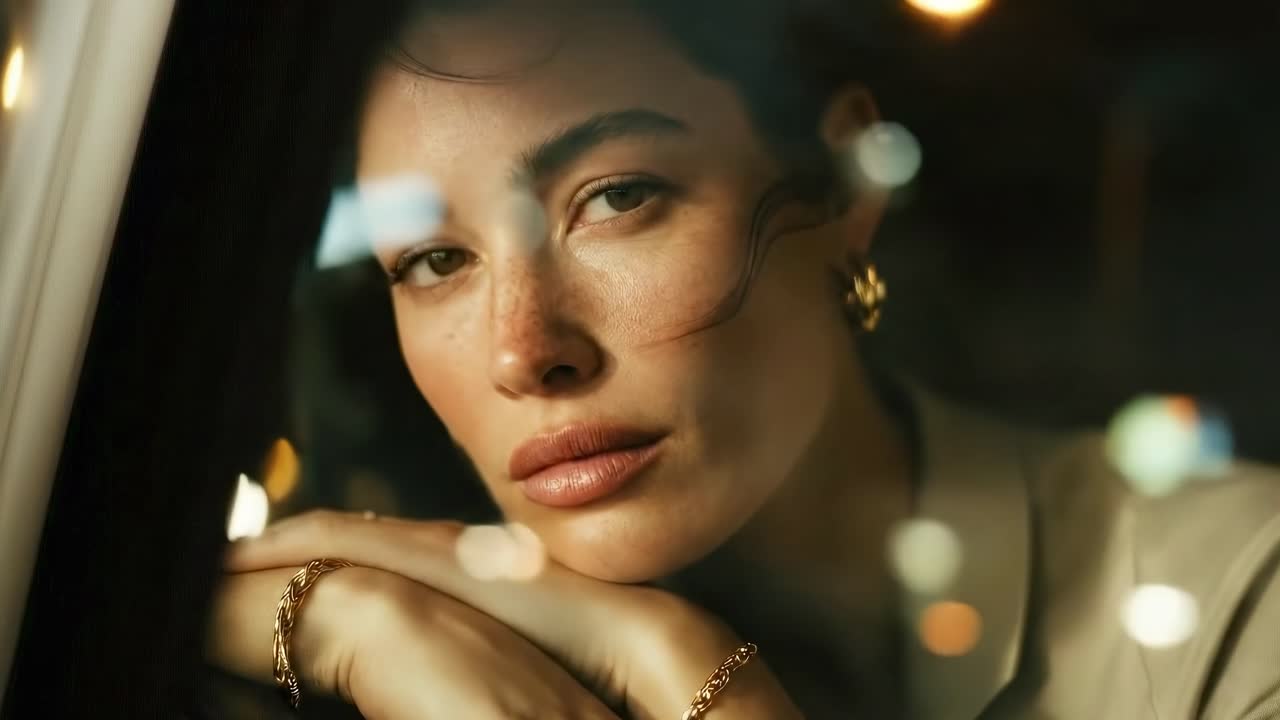 Ripresa in primo piano in stile video attraverso il vetro, che cattura un'atmosfera contemplativa con illuminazione soffusa.