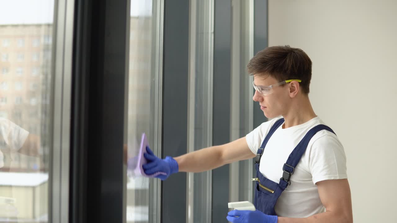 joven limpiadora en uniforme de protección lava las ventanas