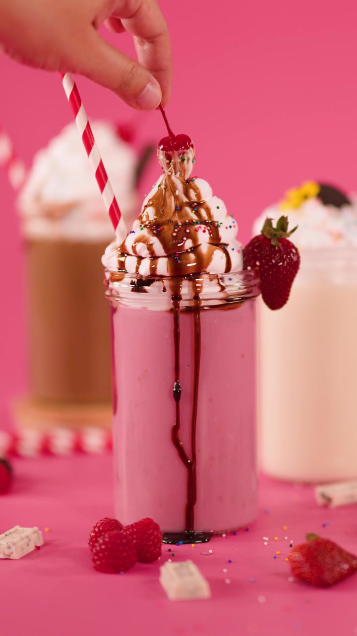 Una mano posiziona una ciliegia sulla cima di un milkshake alla fragola con panna montata e cioccolato fuso, sfondo rosa vivace, illuminazione da studio