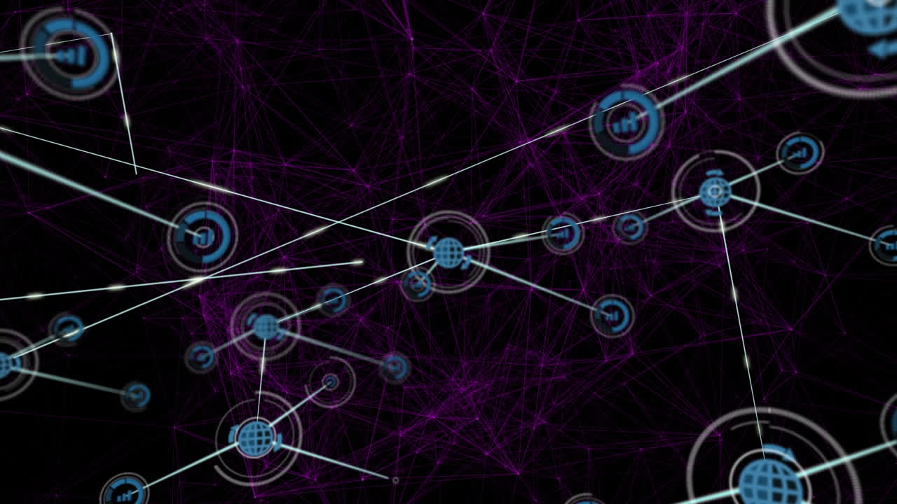 Animation of network of connections with icons over black background with constellations