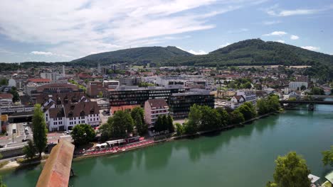 aare river switzerland olten medieval old town square aerial drone landscape