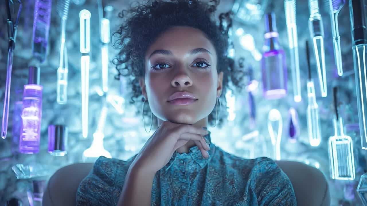 Donna con capelli ricci che si riflette in un ambiente futuristico e illuminato