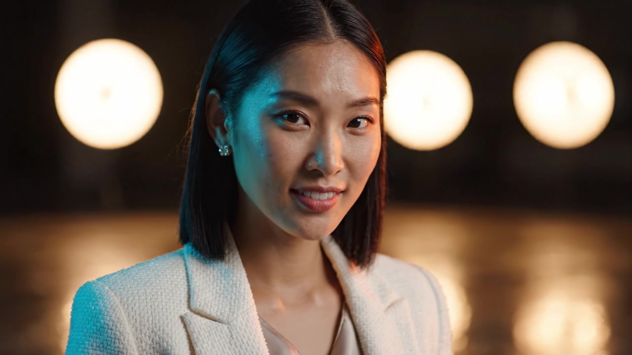Giovane donna elegante in abito professionale in posa sicura con illuminazione soffusa e sfondo sfocato, che mostra compostezza in un ambiente da studio.