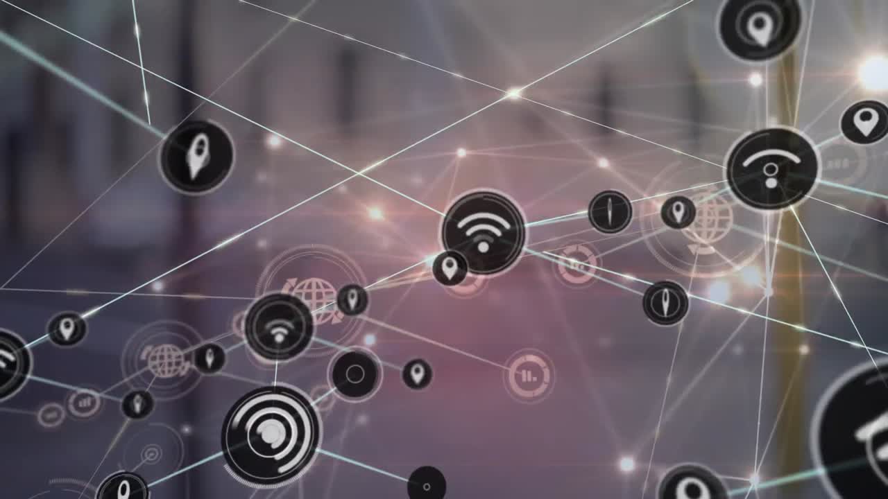 animación de la red de conexiones sobre el paisaje urbano