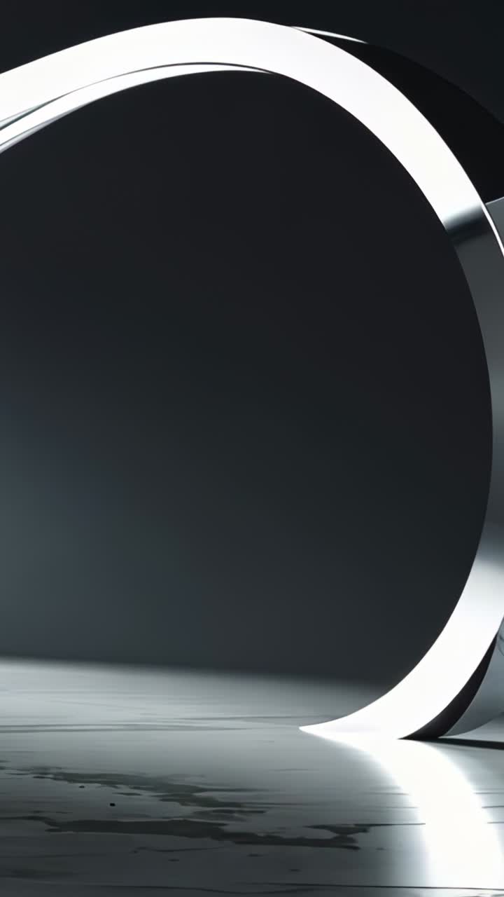 Vertical video: Panning camera revealing curved reflective arch sweeping across set, mirrored floor