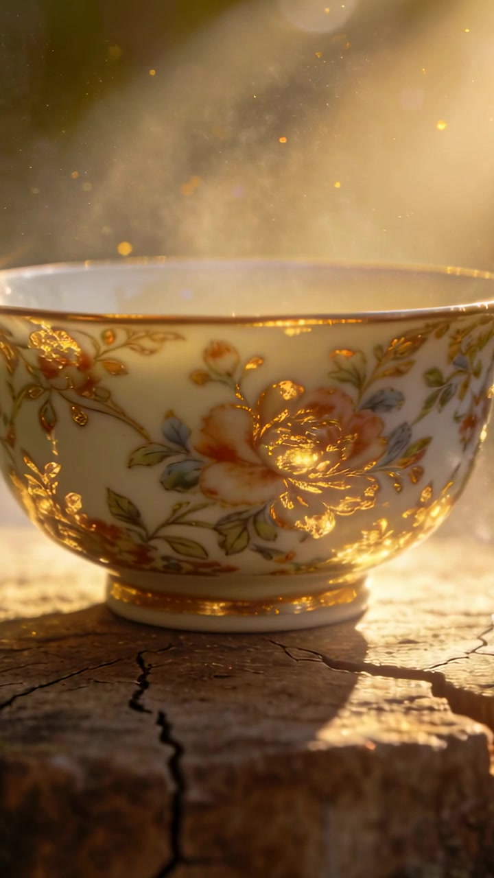 Vertical video: Sunlight rising as camera zooming to gold teacup on stump showing steam and dust