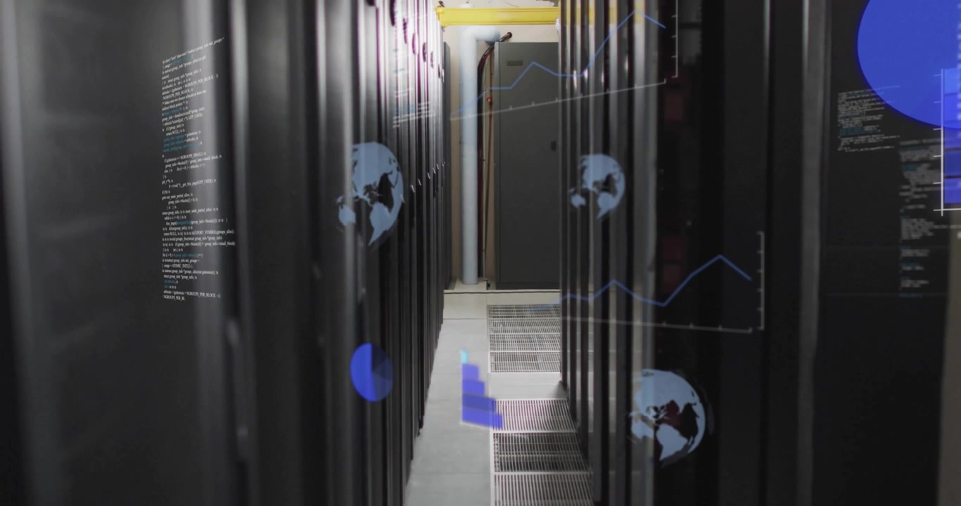 Global databehandlingsanimation over serverracks i et datacenter.