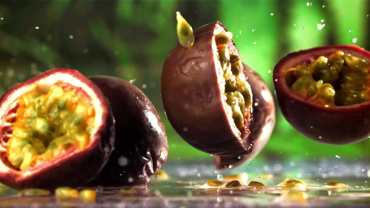 Friske passionsfrugter falder og sprøjter i slowmotion.