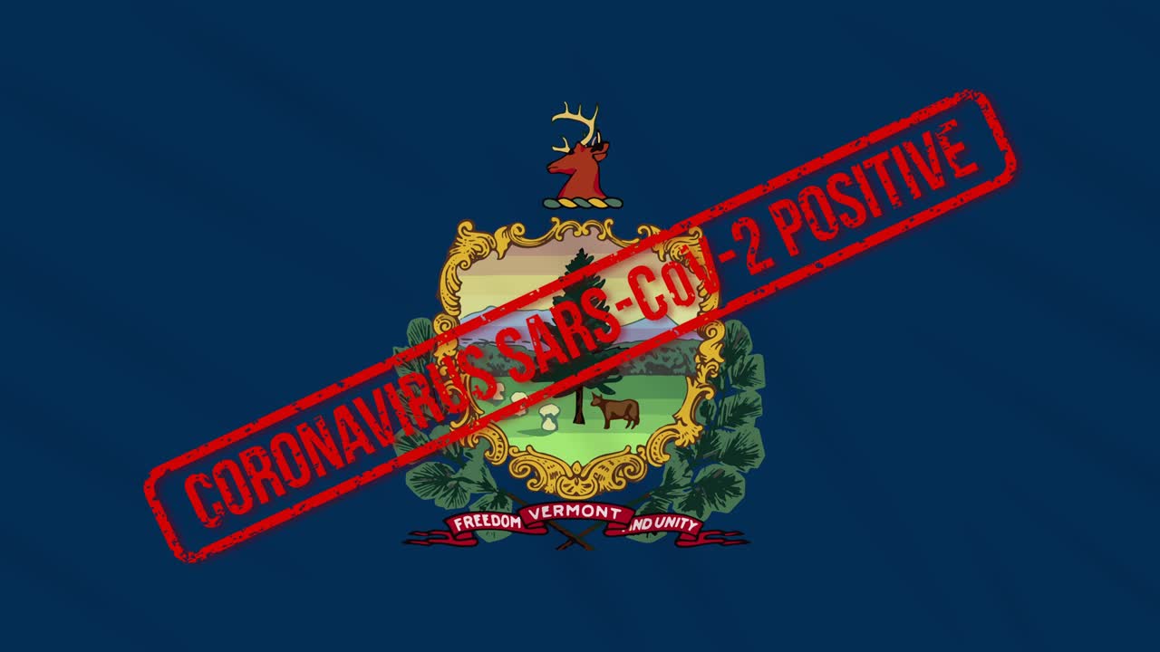 el estado de vermont, estados unidos, tiene una bandera balanceada estampada con respuesta positiva a la covid-19, bucle.