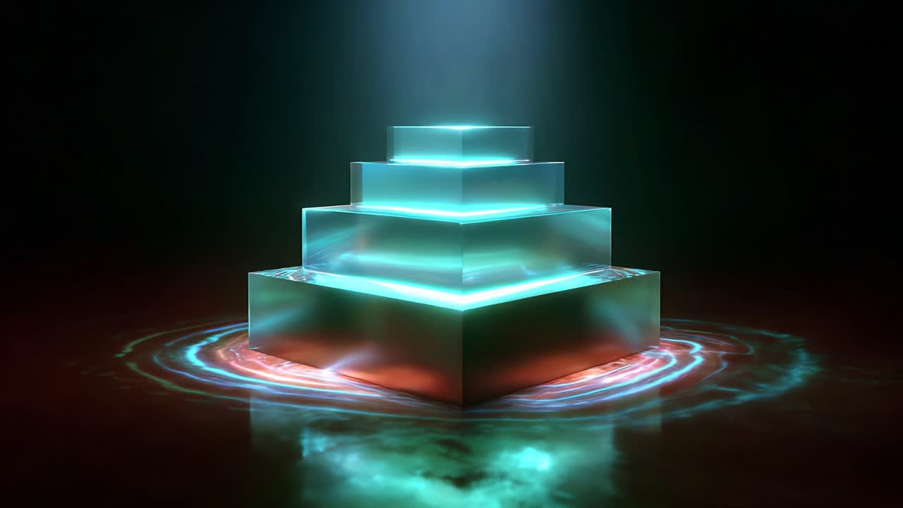 A mesmerizing triangular pyramid structure emanates a radiant glow surrounded by colorful, swirling energy waves, captured in two striking frames highlighting its ethereal beauty and captivating design