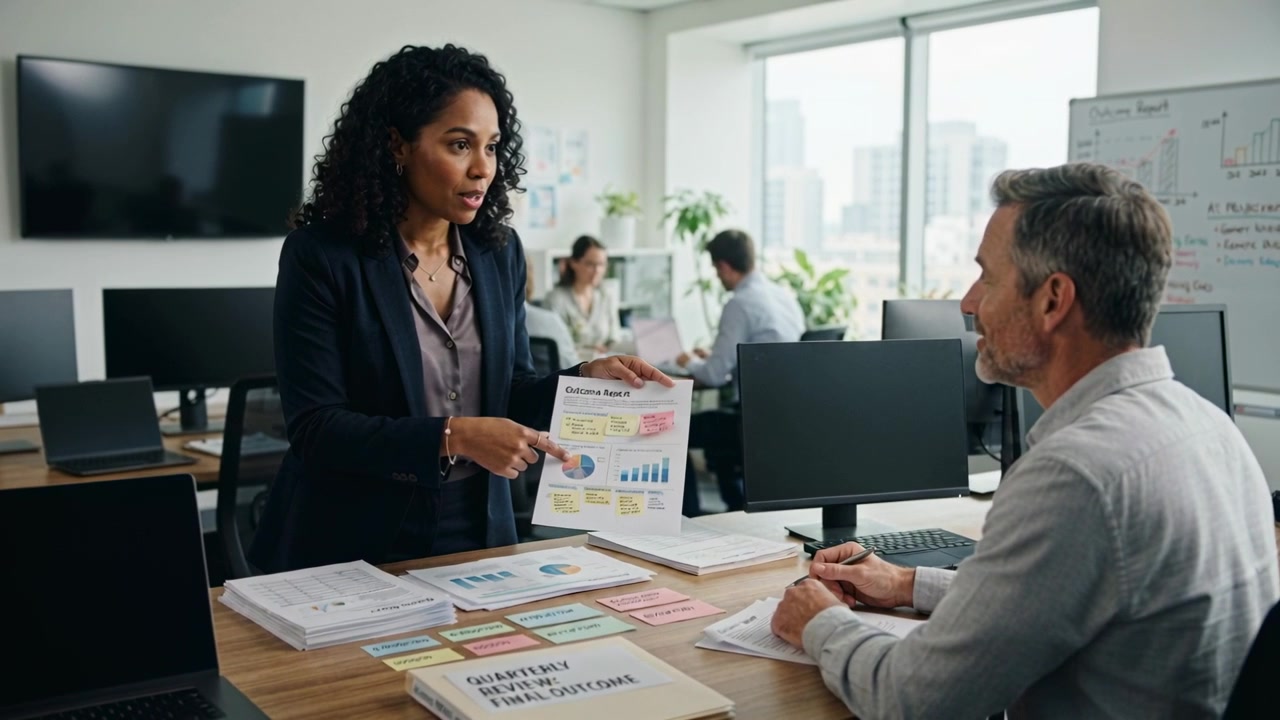 Approaching woman wearing blazer holding report and pointing to chart, explaining data at desk