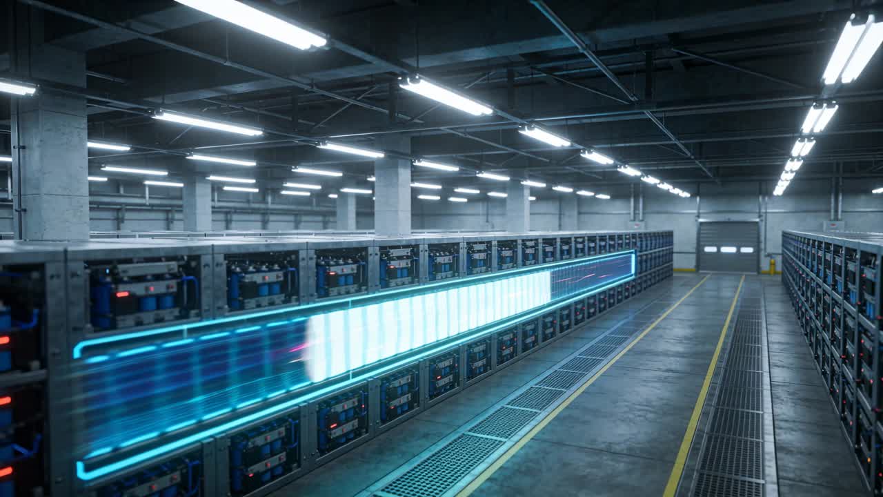 Vertical video: Powering neon band scanning battery racks in warehouse, emitting magenta streaks