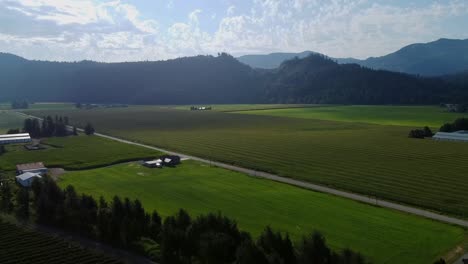 Aerial-view-of-Farmland-in-Sumas,-Washington-at-the-edge-of-the-Cascade-Mountains