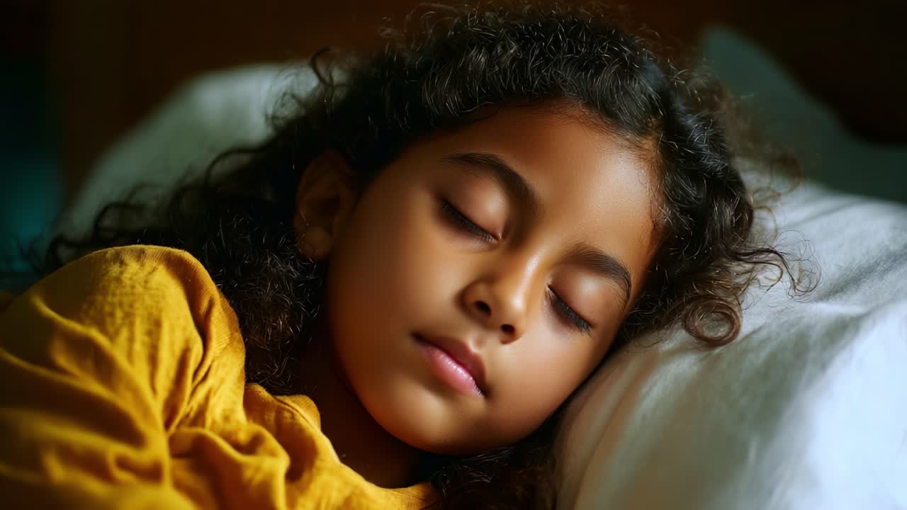 A Peaceful Child in a Cozy Home Environment, Soundly Sleeping with Curly Hair and a Gentle Expression, Dressed in a Bright Yellow Top on a Soft Pillow