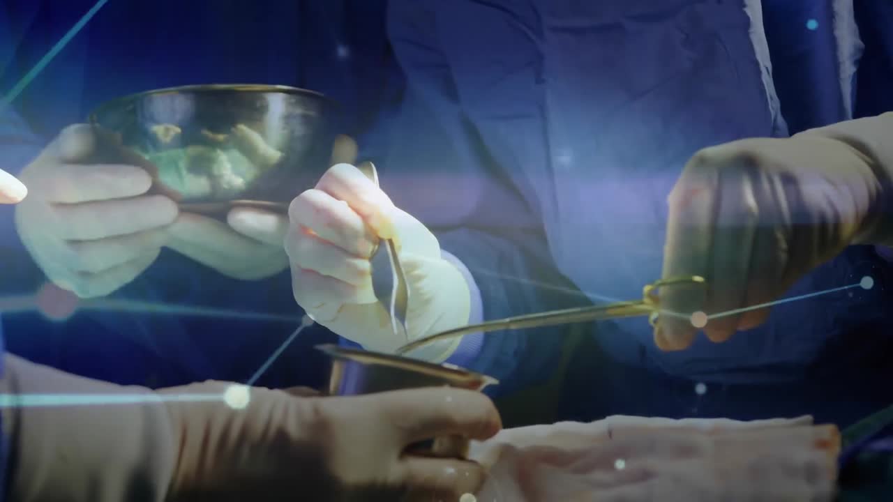 수술실의 외과 의사들 간의 연결 네트워크의 애니메이션