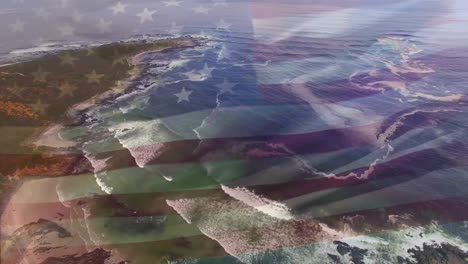 Digital-composition-of-waving-us-flag-against-aerial-view-of-waves-in-the-sea