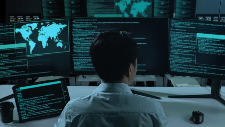 Back View Of Asian Man Developer Working With Tablet While Write Code With Multiple Computer Screens In The Office