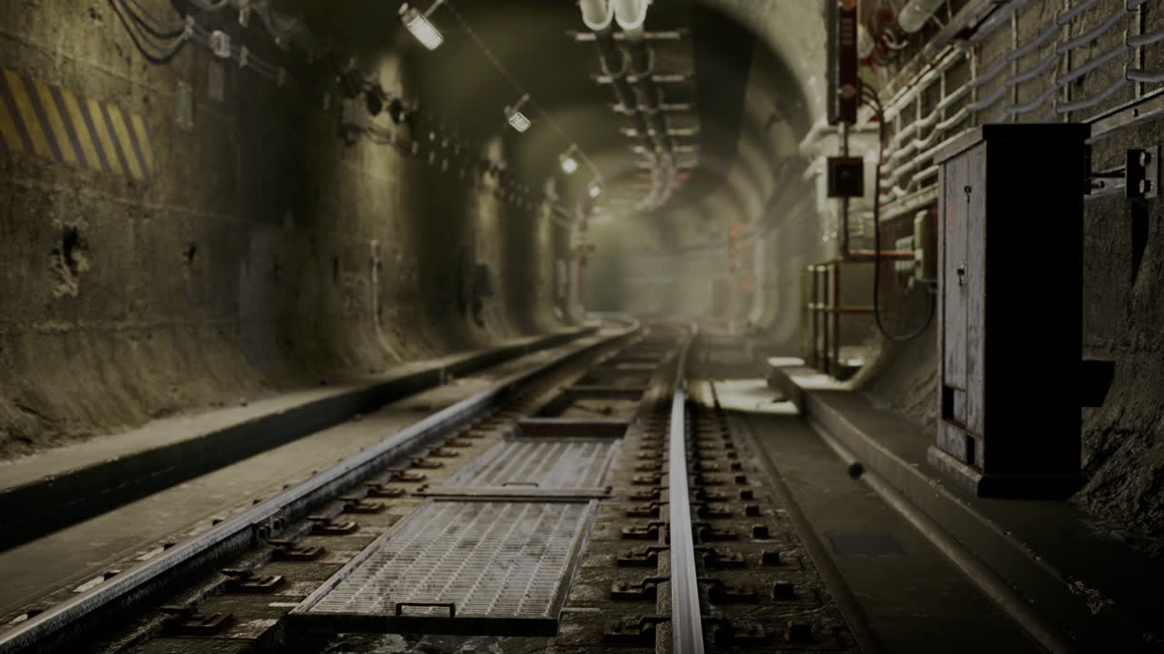 Mysterious underground tunnel at night with train tracks and dim lighting