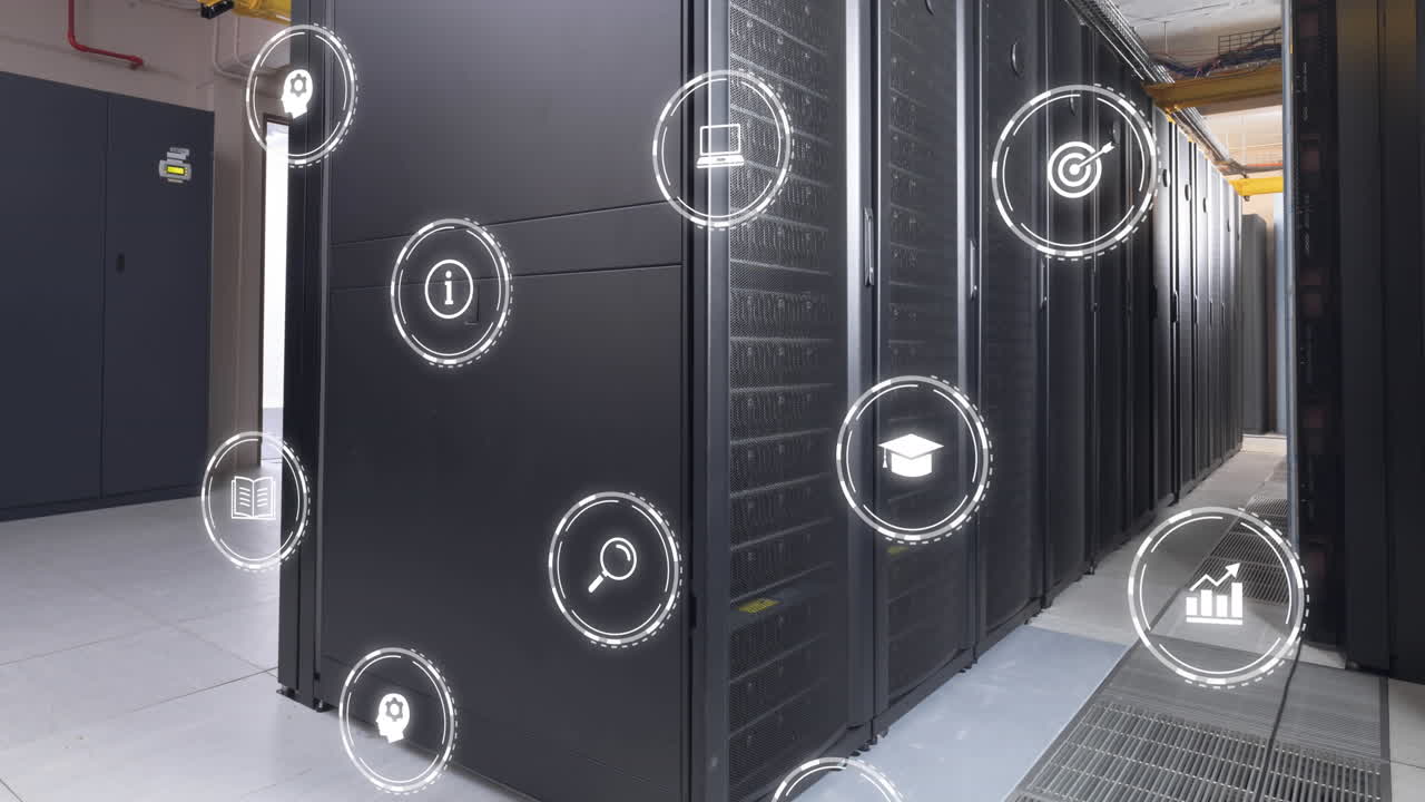 iconos de negocios, medios y educación que procesan datos a través de la sala de servidores de computadoras