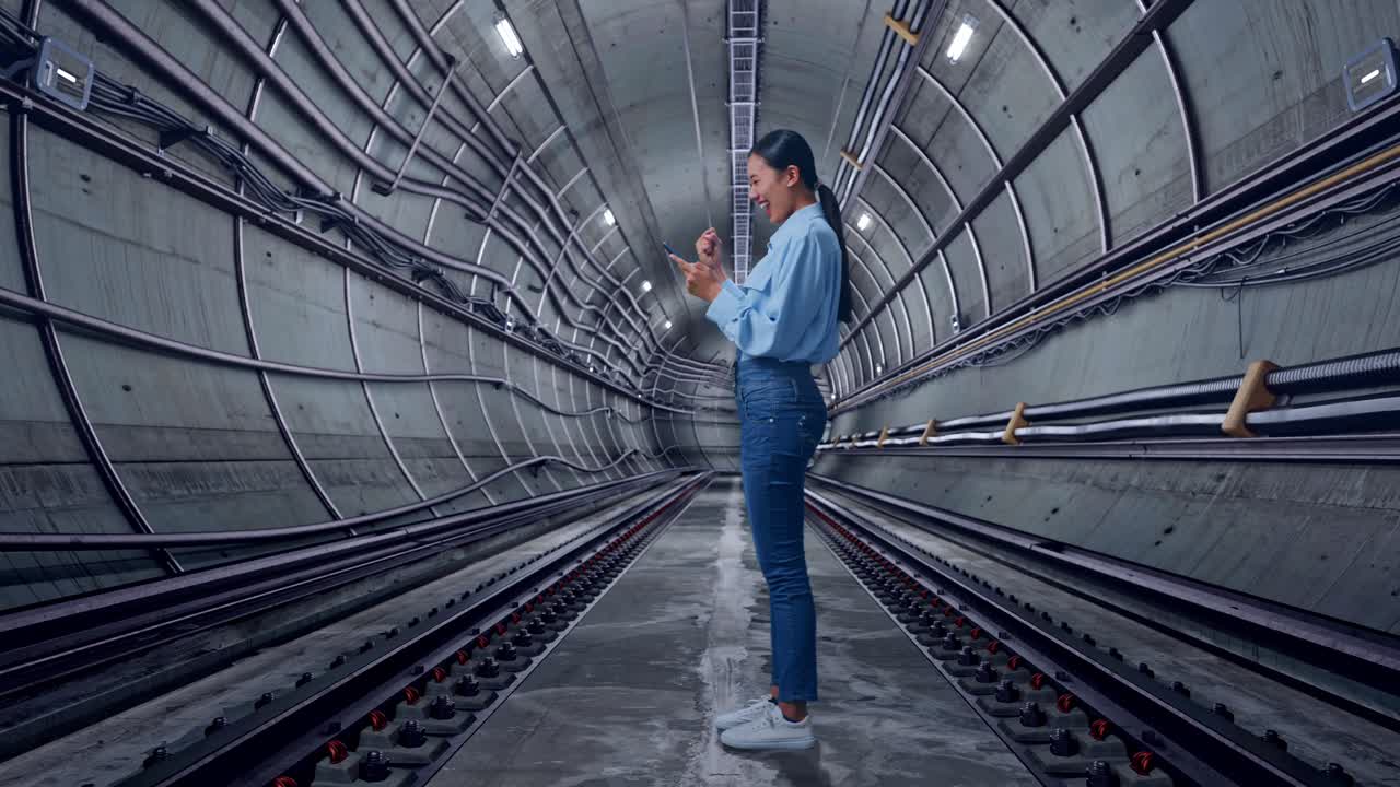 Full Body Side View Of Asian Female With Her Phone In Underground Subway Tunnel, She Raises Her Fist Up With Screaming Goal