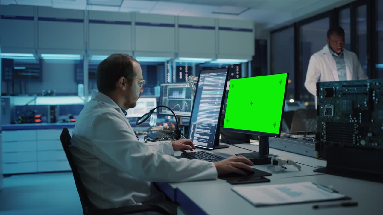 instalación electrónica moderna: científico, ingeniero trabaja en la pantalla de tecla de croma verde de la computadora. diseño, desarrollo de pcb industriales, microchips de silicio, semiconductores, equipos de telecomunicaciones