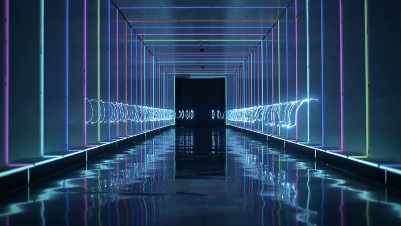 Illuminazione con cornici al neon che si accendono, un corridoio pulsante che emette nastri luminosi che si riflettono sul pavimento, guidando verso un'apertura.