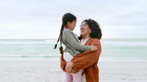 family, happy and mother with child at beach