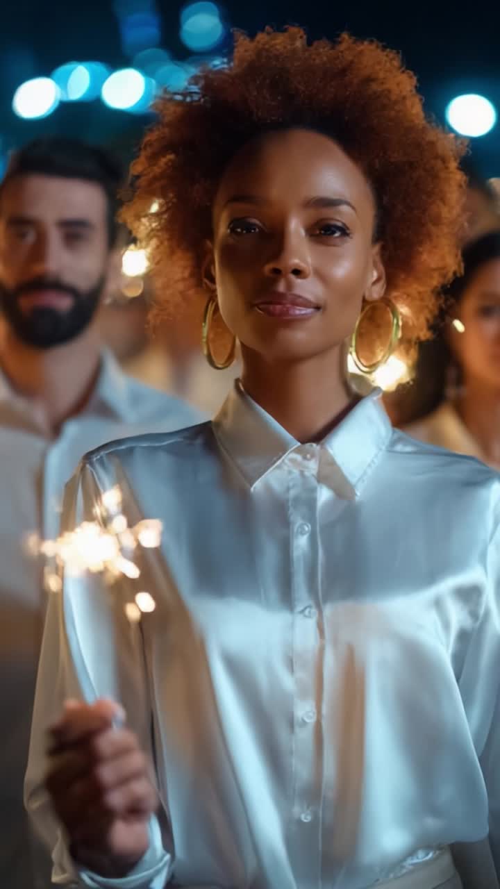 Un gruppo di persone festeggia di notte, tenendo in mano delle stelline, esprimendo gioia, unione e la bellezza di momenti condivisi in un ambiente vivace e illuminato