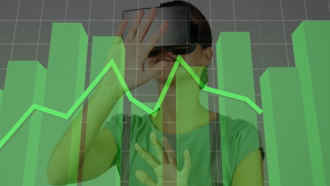 animación de procesamiento de datos financieros sobre mujer caucásica usando auriculares vr