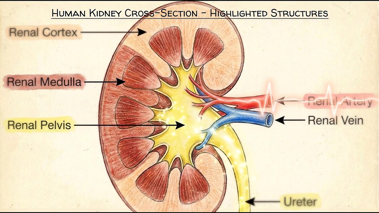 Educational Diagram of Human Kidney Anatomy with Highlighted Structures