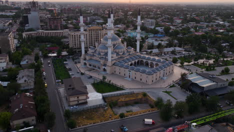 aerial view of bishkek central mosque, imposing architecture at sunset in kyrgyzstan, central asia