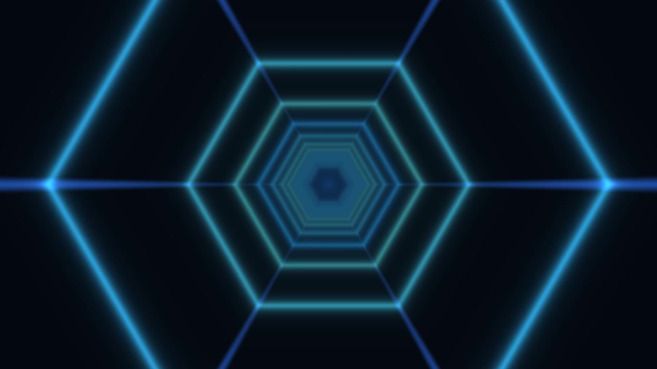 Neon blue lines form a dynamic hexagonal pattern on a dark background, creating a sense of movement. The design is suitable for various projects that need a modern visual style
