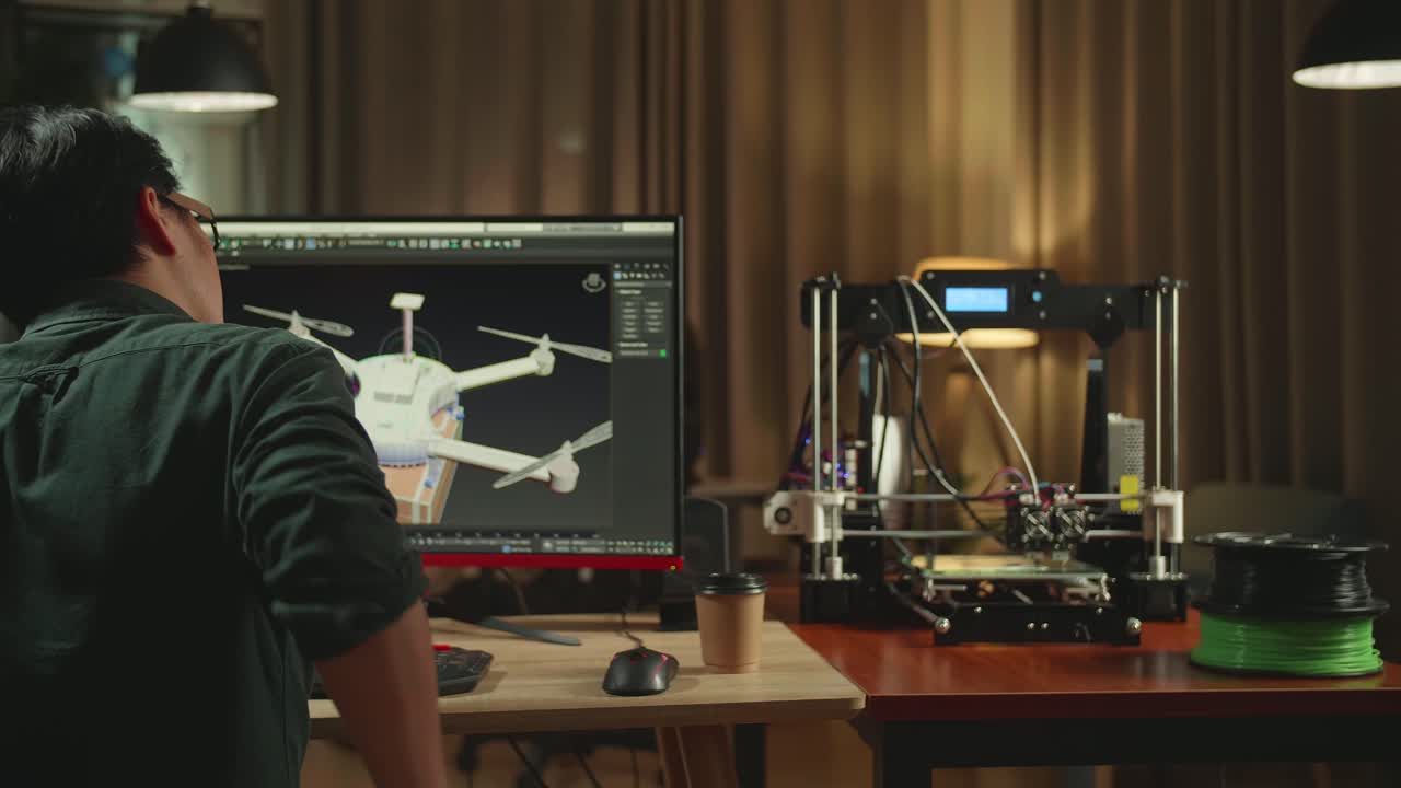 Back View Of Asian Engineer Paining His Back While Work On Personal Computer And 3D Printer, Screen Shows Cad Software With 3D Prototype Of Drone Delivery