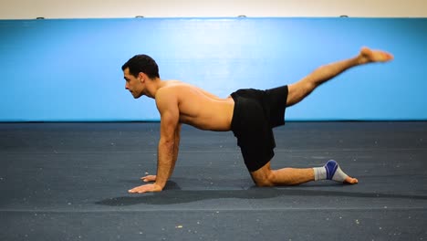 a still shot from a side view of a guy doing leg raises on all six as a lower back strength exercise