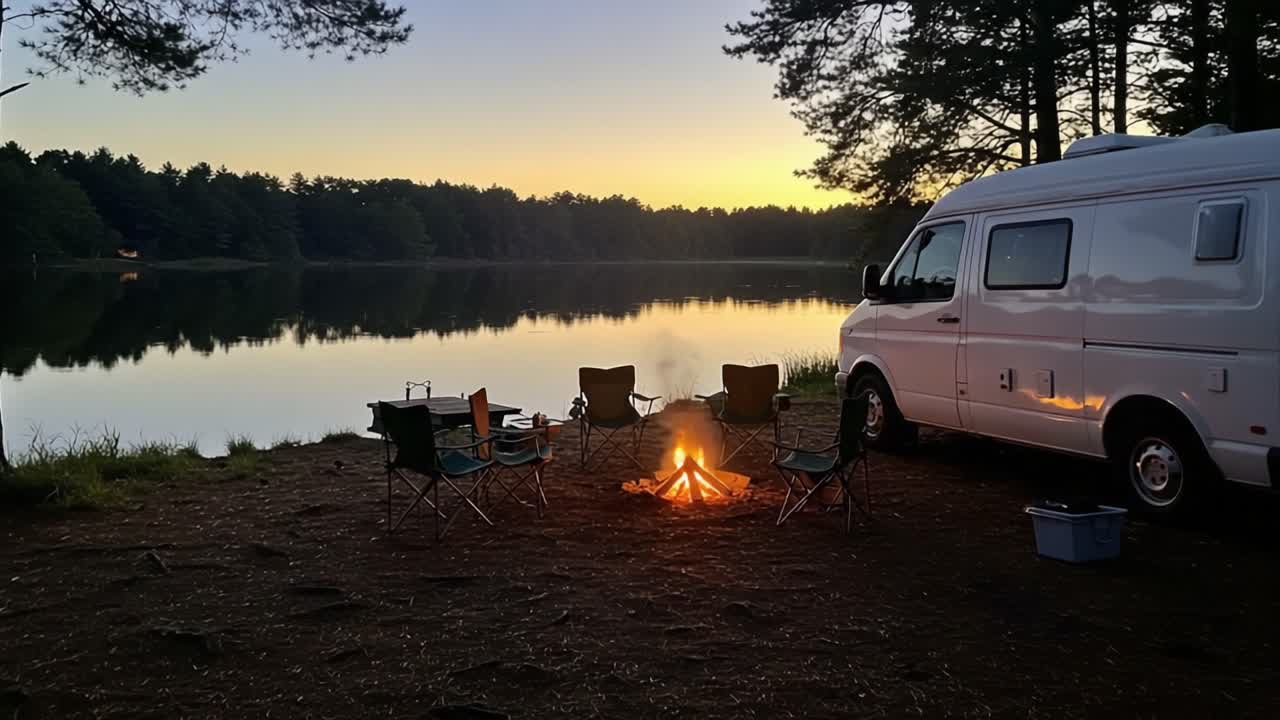 A Serene Camping Scene by the Lake: Evening Campfire, Van, and Relaxation Amidst Nature's Beauty as the Sun Sets over the Tranquil Water